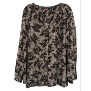 Vince Camuto Blouse Womens 3XL Gray Black Floral Button Up V Neck Career Shirt